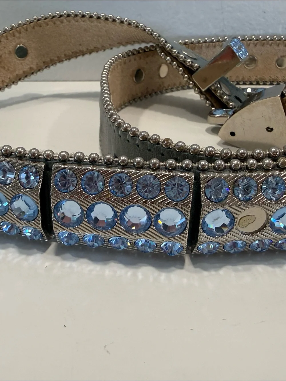 B.B. Simon Swarovski Crystal Embellished Light Blue Leather Belt - Women’s